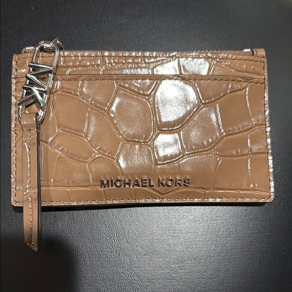 Michael Kors Tan Croc-Embossed Card Holder with Silver Detail